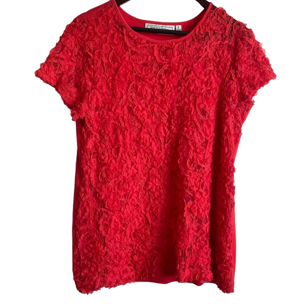 SimontonSays Women Top M Coral Mixed Media Fabric‎ Floral Lace Front Grandmacore